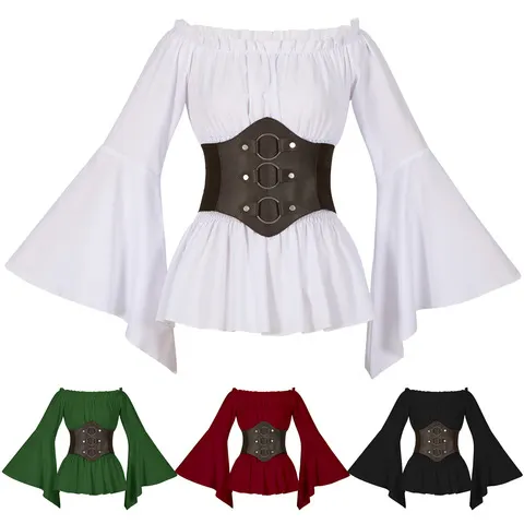 Camisa Pirata Medieval Vitoriana, Blusas Casuais Retrô com Ombros Descobertos, Mangas Longas com Babados, Tops Corpete, Fantasia de Halloween