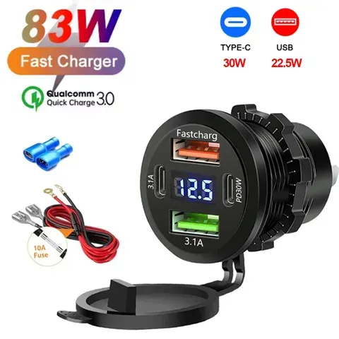 Novo carregador de carro usb duplo pd duplo qc 3.0, 117w, com voltímetro, adaptador de tomada de energia, à prova d'água para carro, barco, 12v/24v, venda quente
