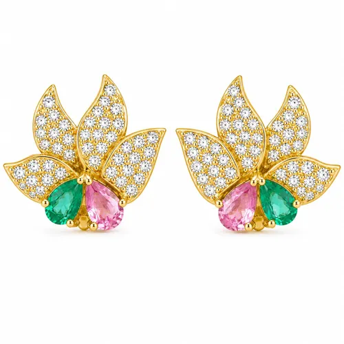 Brinco Flor 2,5 cm com Diamantes Esmeralda e Turmalina em Ouro 18K