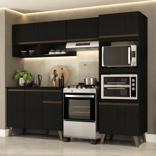 Armário de Cozinha Completa c/ Tampo Lótus Essence Carraro Freijó Preto Touch