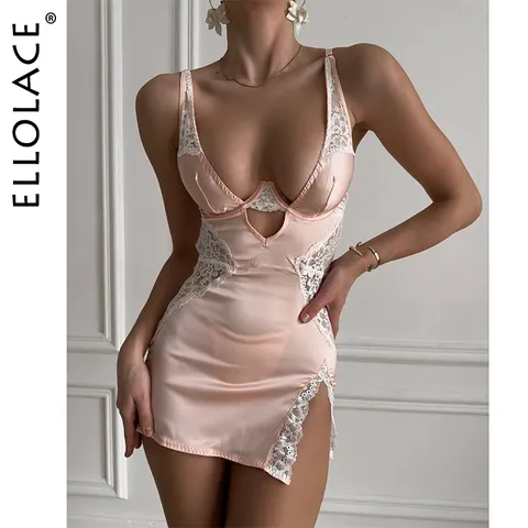 Ellolace sexy decote em v profundo vestido de cetim lingerie sexy renda retalhos split sissy noite vestido feminino deslizamento vestido de seda roupa de dormir