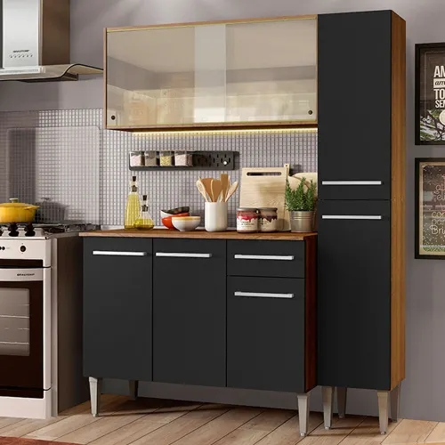 Armário de Cozinha Compacta 137cm Rustic/Preto Emilly Force Madesa 02