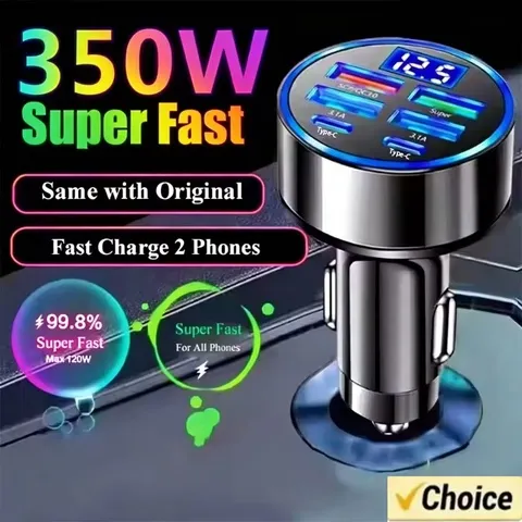 Carregador de carro 350W USB PD QC3.0 USB C Carregador de telefone para carro Tipo C Adaptador para iPhone Samsung Huawei Xiaomi Carga rápida ﻿