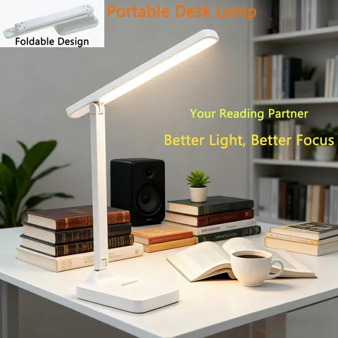 Luminária de mesa dobrável com proteção ocular, suporta três níveis de intensidade, suporta carregamento USB e dois estilos de conexão, e possui função de aprendizagem.