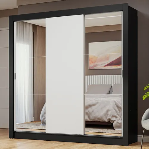 Guarda-Roupa Casal 3 Portas de Correr com Espelhos Preto/Branco Nobre Madesa