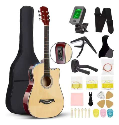 Kit 38 polegadas Violão Eletroacústica Acústicas 6 Cordas P/iniciante para destros com Afinador+acessório+Estojo para Violão Cor Natural