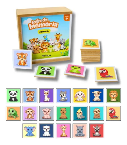 Jogo da Memória Animais 40 Peças Brinquedo Educativo Infantil em Madeira Mdf