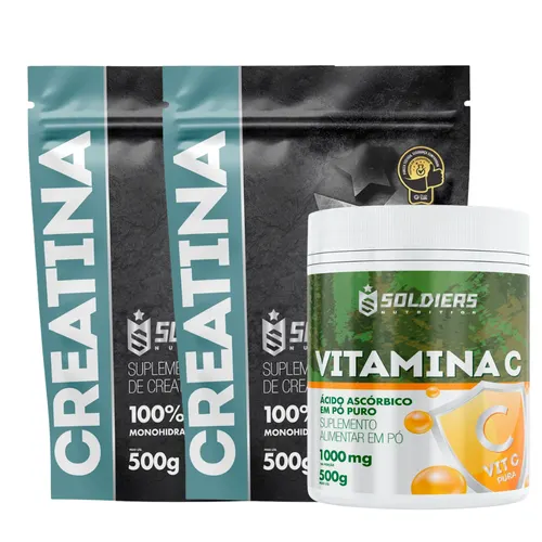 Kit: 2 Creatinas Monohidratada 500g + Vitamina C em Pó 500g - 100% Pura Importada - Soldiers Nutrition