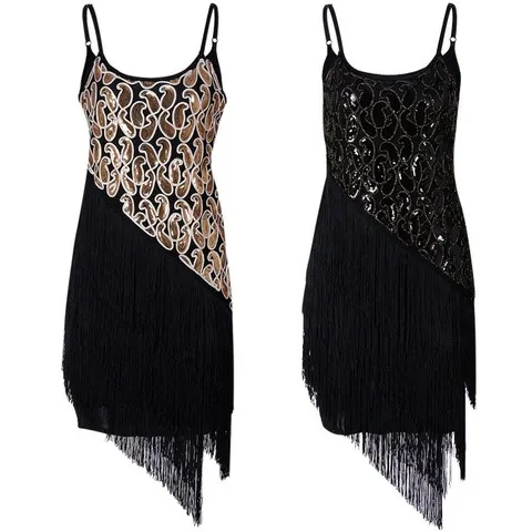 Vestido de Cosplay Flapper dos Anos 1920 para Mulheres Adultas, com Lantejoulas, Bordado Paisley, Franjas Irregulares, Sem Mangas, para Festa Temática e Coquetel