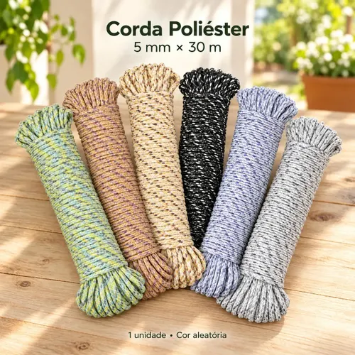 Corda Poliéster Trançada 5mm X 30m para Varal Multiuso Barraca Camping Pesca Amarração Carga Resistente - Bravli