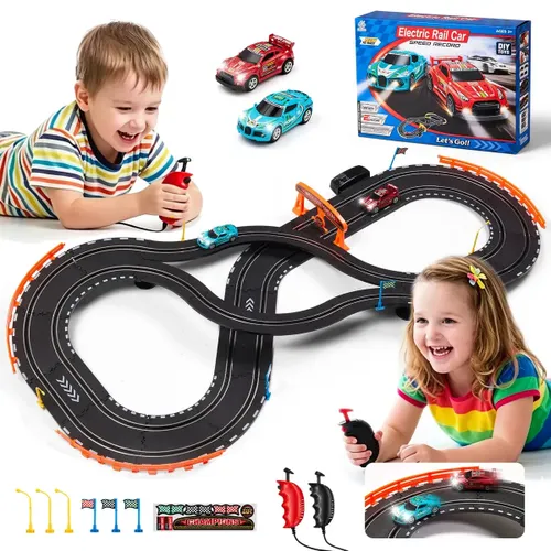 MoveBrinca Autorama Infantil Elétrico Pista de Corrida 3,2 Metros com 2 Carrinhos Controle Duplo Luz LED Circuito de Corrida Montável com Adaptador de Energia Brinquedo de Corrida Infantil