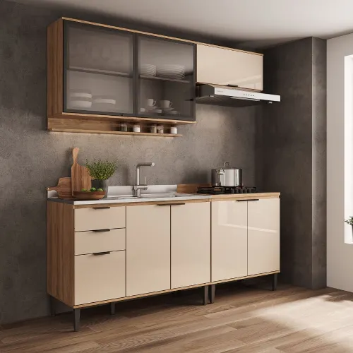 Armário de Cozinha Completa c Balcão Miami Belle Carraro Off White c Freijó