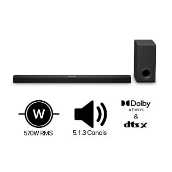 Soundbar LG S90TY - 570W RMS, Dolby Atmos, 5.1.3 Canais, DTS:X, AI Room Calibration Pro, AI Sound Pro, Sem fios, WOW Orchestra, Conexões Múltiplas - S90TY