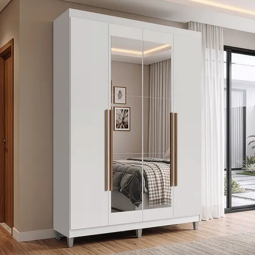 Guarda-Roupa Solteiro com Pés 4 Portas Batentes com Espelho Branco/Branco/Rustic Venus Madesa