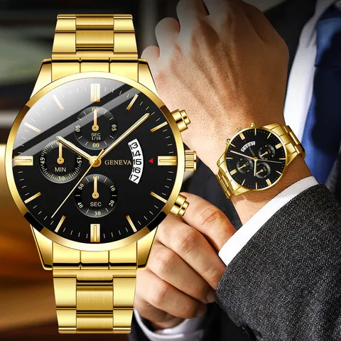 Relógio de aço inoxidável para homem, elegante e moderno, com calendário, mecanismo de quartzo, ideal para o dia a dia e para ocasiões de negócios.