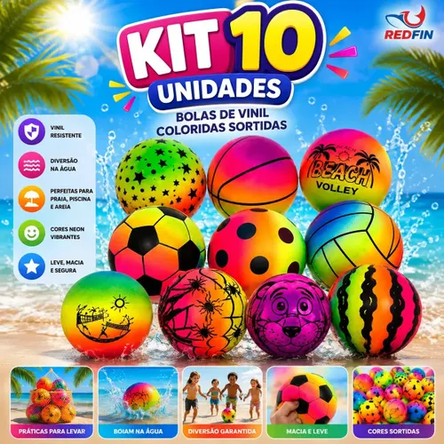 Kit 10 Bolas de Vinil Infantil Neon Coloridas Sortidas Bola de Leite Brinquedo Praia Piscina Areia Lembrancinha Festa Atacado Macia Inf