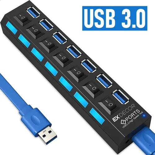 Hub Usb com 7 Portas Ultra Rápido para Pen Drive e Hd 3.0 5Gbps Alta Velocidade de Dados Turbo Usb Marca Ex Decor