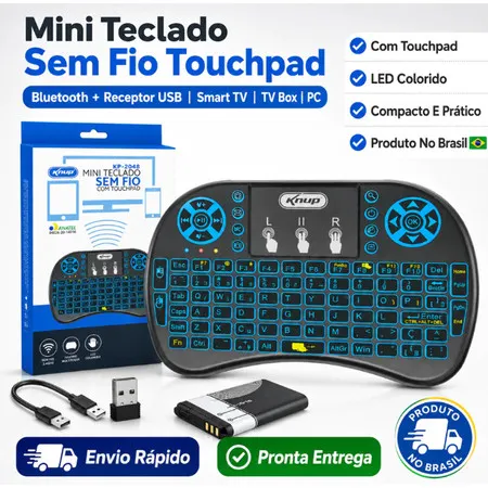 Mini Teclado sem Fio Knup KP-2048 com Touchpad LED Recarregável 2.4GHz