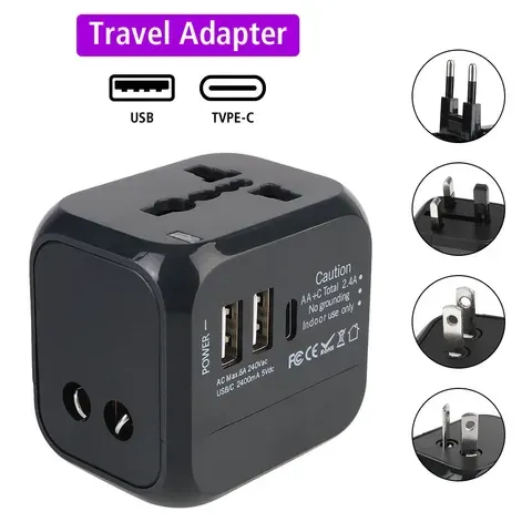 Adaptador de carregador de viagem de parede tudo-em-um - plugues EUA UE Reino Unido AU com 2 USB e 1 tipo C, universal para viagens