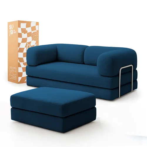 Sofá Cama Bloom - Sofá na Caixa + Apoio de Pé Bloom Tecido Boucle Azul