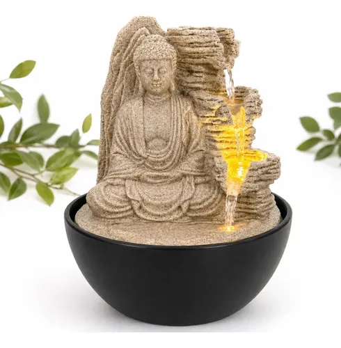 Fonte de Agua Buda Marfim Decorativa 3 Quedas Led Feng Shui Preto