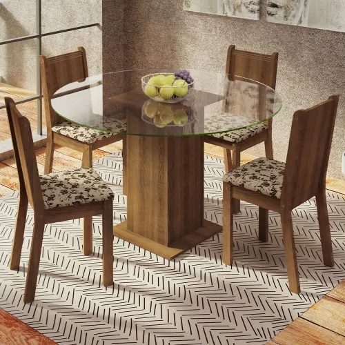 Conjunto Sala de Jantar Madesa Paula Mesa Tampo de Vidro Redondo 4 Cadeiras Rustic/Bege Marrom