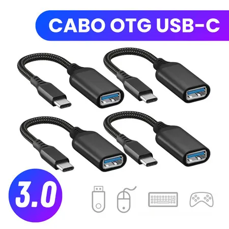 Kit 4 Unidades de Cabo Otg Adaptador Usb-c para Usb 3.0 Conecta Mouse Celular Teclado Cor Sortida
