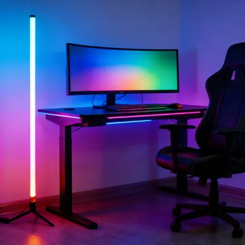 Luminária de Chão LED RGB de 120CM, Luz Ambiente com Sensor de Som, Luz de Canto para Quarto, Luminária de Atmosfera para E-Sports
