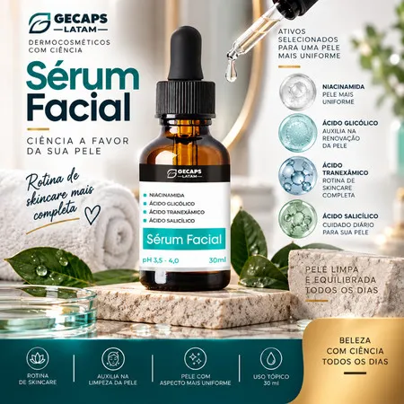 Sérum Clareador de Manchas Facial 30ml - GL (Niacinamida + Glicólico + Ácido Tranexâmico + Ácido Salicílico)