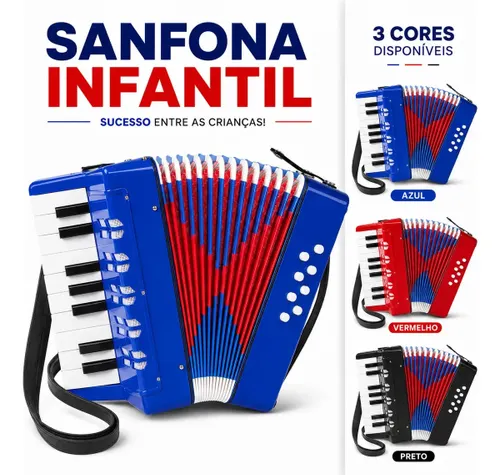 Gaita Sanfona Acordeão Iniciante 8 Baixos 17 Teclas Brinquedo Crianças Sanfona Infantil Brinquedo Musical Azul - Petite Flô