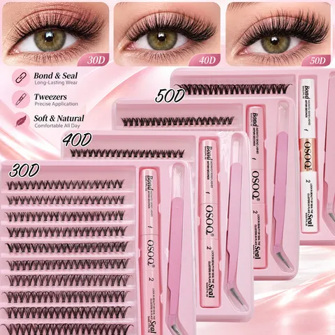 Novo Kit de Cílios Individuais de 10 Fileiras, Cílios em Tufos Longos Naturais para DIY com Adesivo e Selante para Extensão, Ferramentas de Maquiagem, Faux Cils