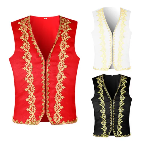 Colete medieval com bordados dourados, estilo barroco, corte justo, colete nobre com cauda de andorinha, ideal para apresentações, bailes de formatura, peças de teatro, ópera e fantasias de Halloween.