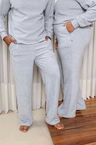 Calça Pijama Unissex Reta Plush Atoalhado Listrado Azul