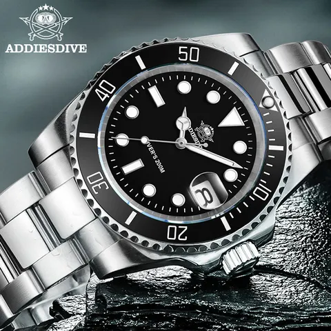 Addiesdive relógio clássico masculino com moldura de cerâmica 200m resistente à água relógio de quartzo casual bgw9 azul luminoso presente relógio MY-H3-2