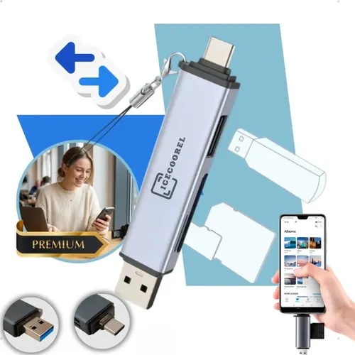 Leitor de Cartão de Memória Sd e Micro Sd para Usb-c e Usb-a Adaptador Compatível com iPhone 15 16 17 Android Samsung Notebook Macbook 5em1 Alta Velocidade Rápida de Fotos Vídeos e Arquivos Ice Coorel