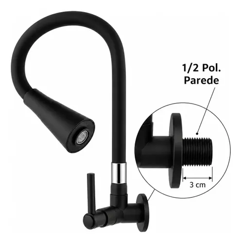 Torneira Cozinha Parede Silicone Preto Flexível Gourmet