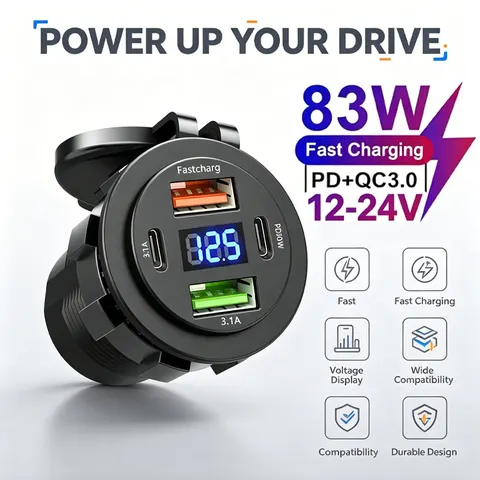 NOVO Carregador de Carro USB com 4 Portas, Dual PD e Dual QC 3.0, com Voltmeter, Adaptador de Tomada à Prova d'Água para Carros e Barcos 12V/24V