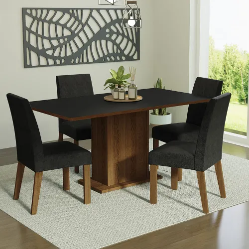 Conjunto Sala de Jantar Mesa Tampo de Madeira 4 Cadeiras Rustic/Preto/Oxford Keila Madesa