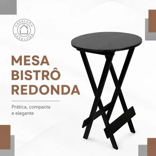 Mesa Bistrô Alta Dobrável em Madeira Maciça para Área Gourmet Varanda Churrasqueira Cozinha Sala de Jantar Restaurante Bar Evento Festa Compacta Resistente Redonda 59cm Preto