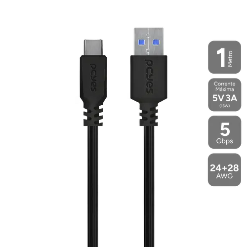 Cabo USB A 3.0 para USB Tipo-C PCYES 1M 5Gbps 3A P3UACP-1