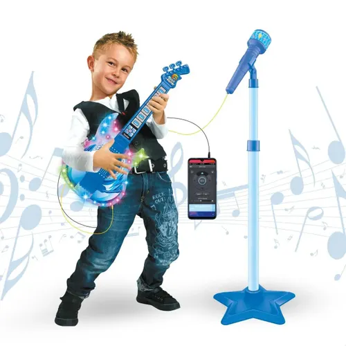 Guitarra e Microfone Infantil Instrumento Brinquedo Musical Cor Azul