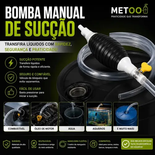 Bomba de Sucção Manual para Transferência de Líquidos Gasolina Etanol Óleo Água Diesel Premium METOO