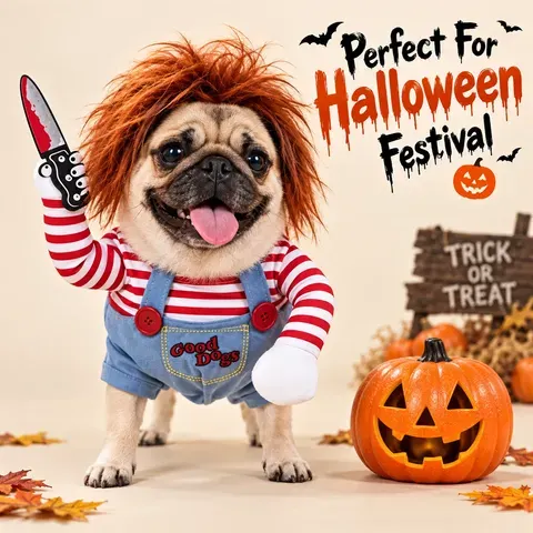 Fantasia de Chucky para Animais de Estimação, Traje de Cosplay Engraçado para Halloween, para Cães e Gatos de Porte Pequeno e Médio, com Faca de Braço Falsa 3D, Vestido de Festa para Animais de Estimação