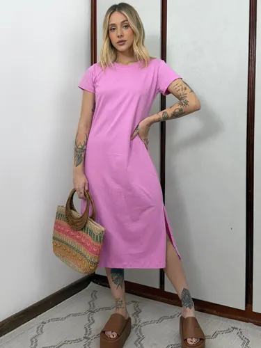 Vestido Midi Camiseta com Fenda Aveloz Rosa Blush