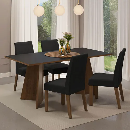 Conjunto Sala de Jantar Mesa Tampo de Madeira 4 Cadeiras Rustic/Preto/Oxford April Madesa