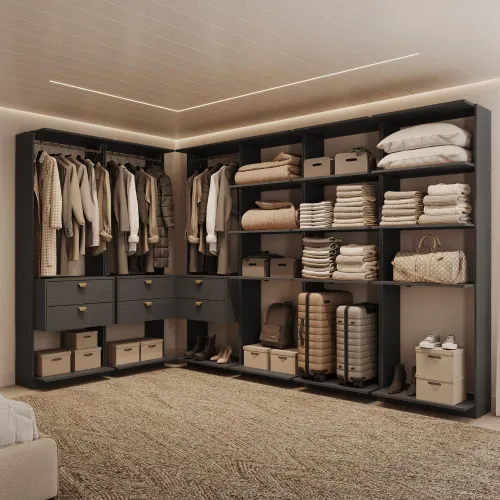 Guarda-Roupas Closet Modulado Alasca 360cm 6 Peças com 6 Gavetas e Cabideiros Preto Touch Carraro
