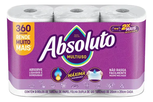 Papel Toalha Absoluto Multiuso 360 Folhas com 3 Unidades