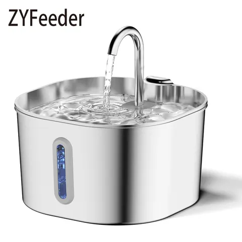ZYFeeder 2.2L Fonte de água automática para gatos quadrada de aço inoxidável Alimentador de água para animais de estimação Fonte de água para cães com janela (sem plugue 5V 1A)