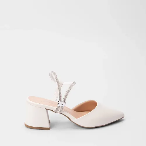 Scarpin Slingback Feminino Penélope Salto Geométrico Tira Strass Off White
