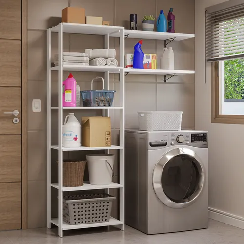 Estante Armário Multiuso e Prateleiras para Lavanderia 139cm Branco Madesa